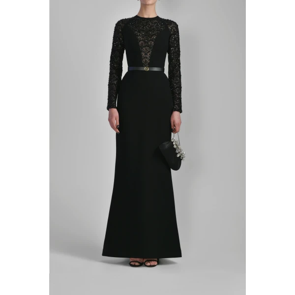 Saiid Kobeisy Beaded Long Crepe Dress in Jet Black