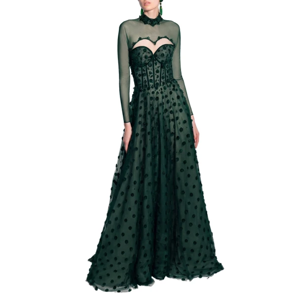 Saiid Kobeisy Beaded Tulle Dress with Polka Dots in Sage Green, view 2