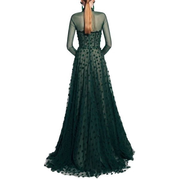 Saiid Kobeisy Beaded Tulle Dress with Polka Dots in Sage Green, view 3