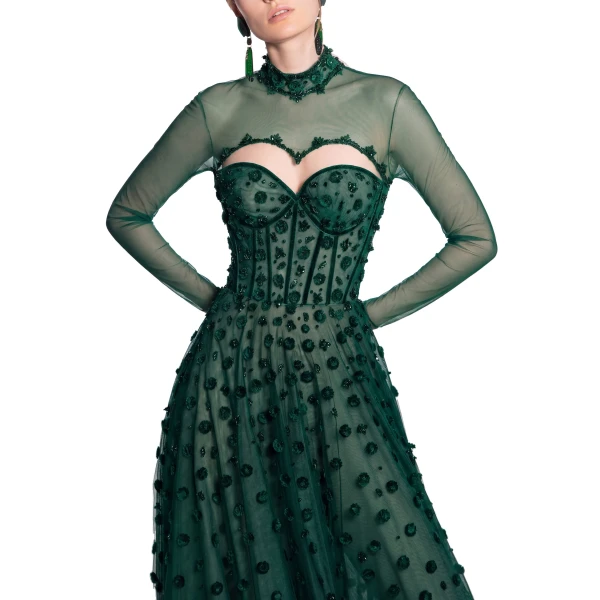 Saiid Kobeisy Beaded Tulle Dress with Polka Dots in Sage Green, view 4