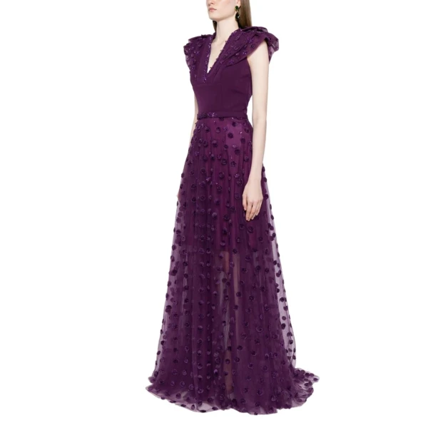 Saiid Kobeisy Beaded Tulle Dress with Polka Dots in Violet, view 3