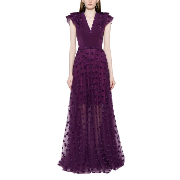 Saiid Kobeisy Beaded Tulle Dress with Polka Dots in Violet