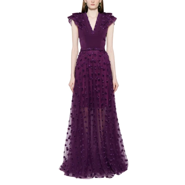 Saiid Kobeisy Beaded Tulle Dress with Polka Dots in Violet