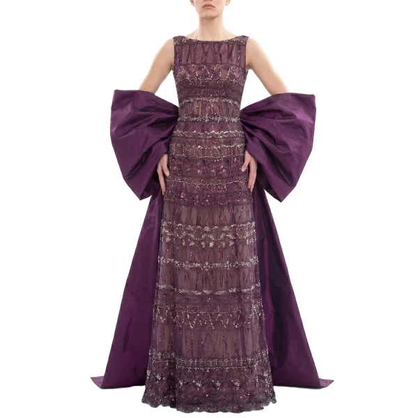 Saiid Kobeisy Bow Cape in Italian Plum, Style 40, view 2