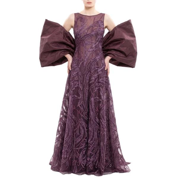 Saiid Kobeisy Bow Cape in Italian Plum, Style 59, view 2