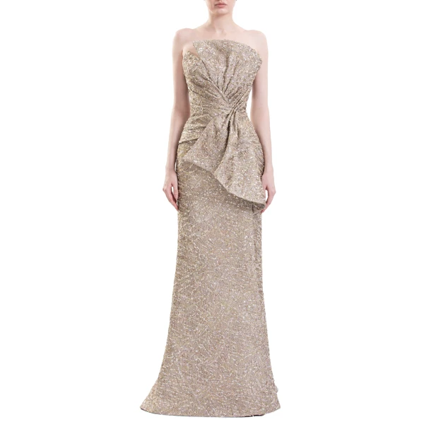 Saiid Kobeisy Brocade Bow Dress in Gold, view 3