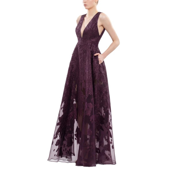 Saiid Kobeisy Brocade Dress in Italian Plum, view 3