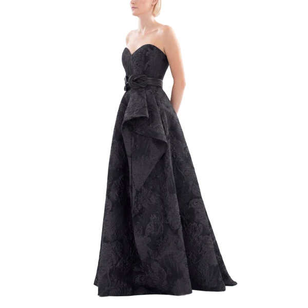 Saiid Kobeisy Brocade Long Dress in Jet Black, view 4