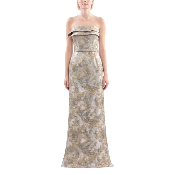 Saiid Kobeisy Brocade Long Fitted Dress in Grey Pear, view 2