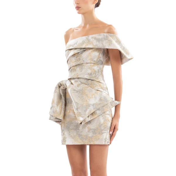 Saiid Kobeisy Brocade Short Dress in Grey and Yellow Pear, view 4