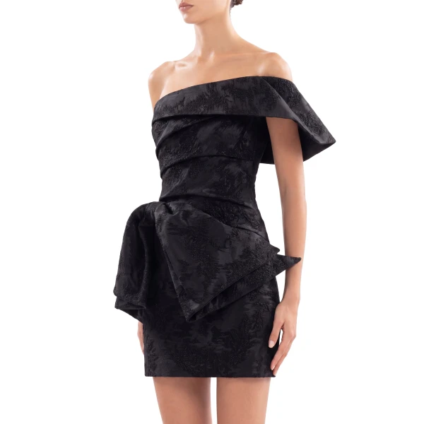 Saiid Kobeisy Brocade Short Dress in Jet Black, view 4