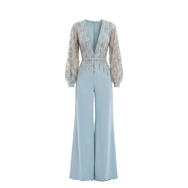 Saiid Kobeisy Crepe Beaded Jumpsuit in Antigua Sand