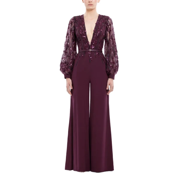 Saiid Kobeisy Crepe Beaded Jumpsuit in Italian Plum, view 2