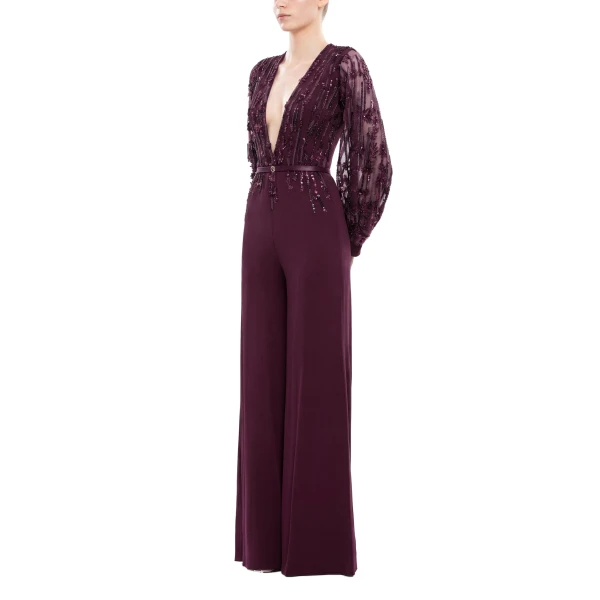 Saiid Kobeisy Crepe Beaded Jumpsuit in Italian Plum, view 3