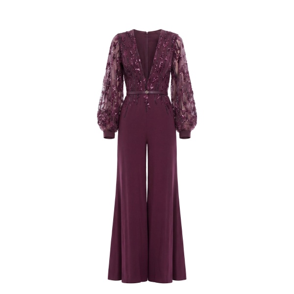 Saiid Kobeisy Crepe Beaded Jumpsuit in Italian Plum