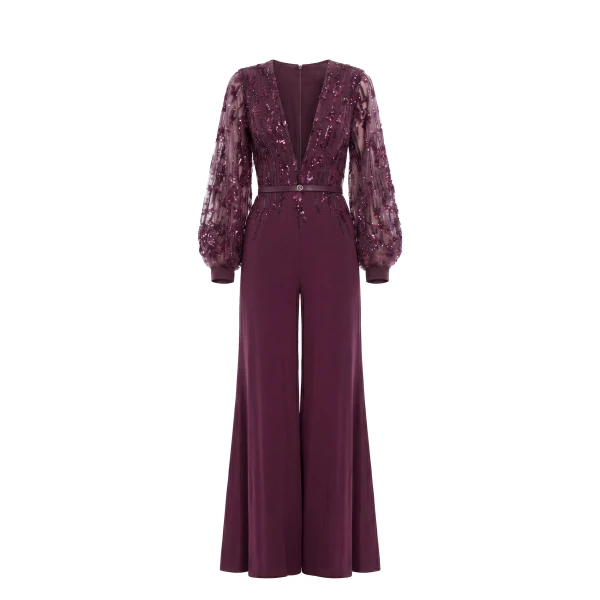 Saiid Kobeisy Crepe Beaded Jumpsuit in Italian Plum