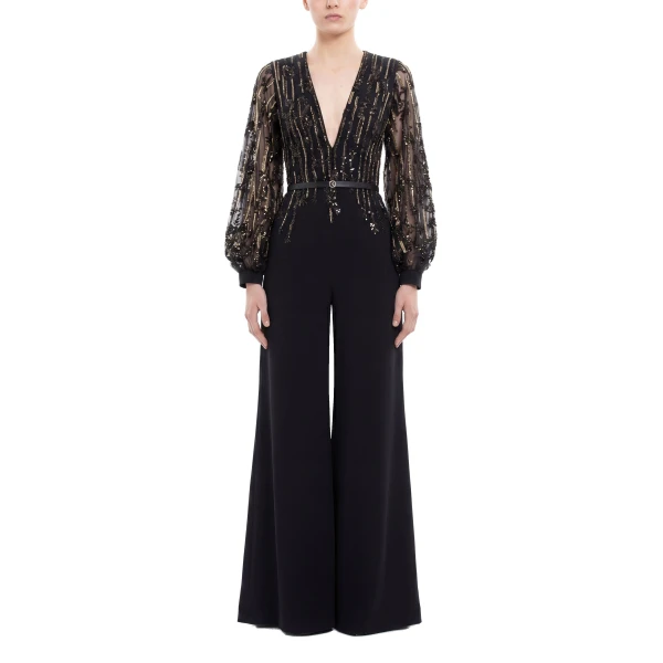 Saiid Kobeisy Crepe Beaded Jumpsuit in Jet Black, view 2