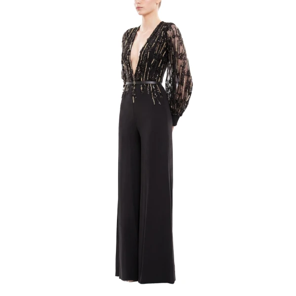 Saiid Kobeisy Crepe Beaded Jumpsuit in Jet Black, view 3