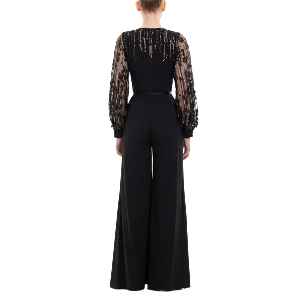 Saiid Kobeisy Crepe Beaded Jumpsuit in Jet Black, view 4