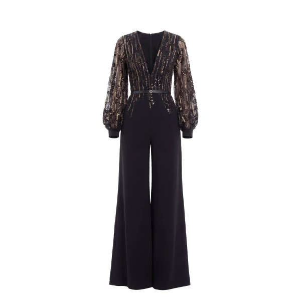 Saiid Kobeisy Crepe Beaded Jumpsuit in Jet Black