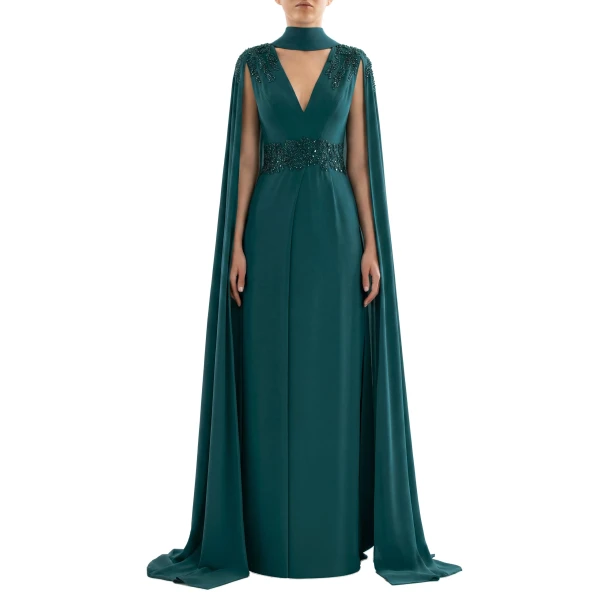 Saiid Kobeisy Crepe Dress with Cape in Green, view 2