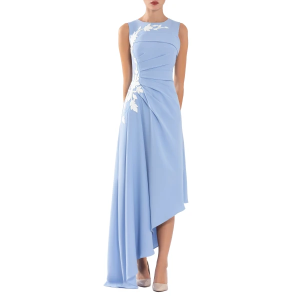 Saiid Kobeisy Crepe High-Low Dress with Matching Embroidery in Blue and Off White, view 2