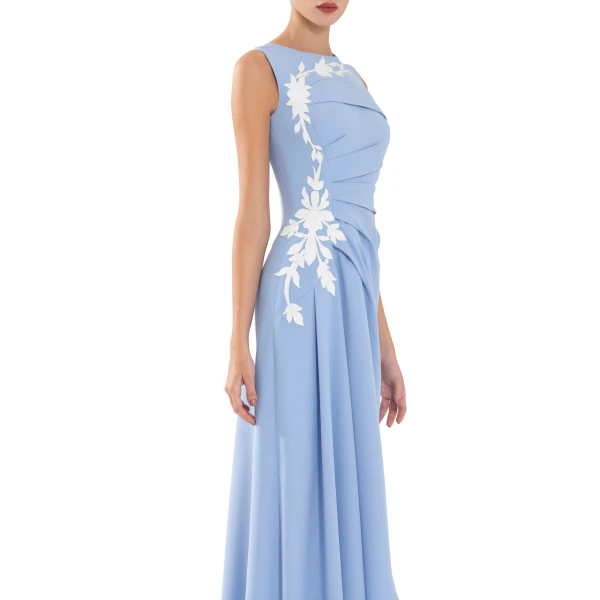 Saiid Kobeisy Crepe High-Low Dress with Matching Embroidery in Blue and Off White, view 4