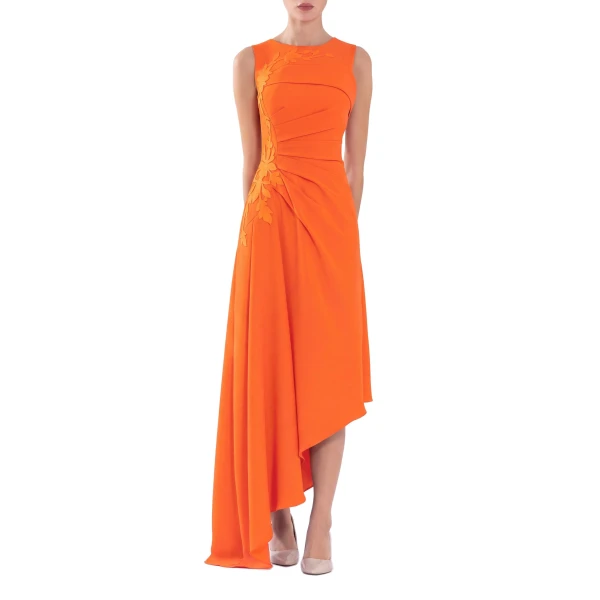 Saiid Kobeisy Crepe High-Low Dress with Matching Embroidery in Vibrant Orange, view 2