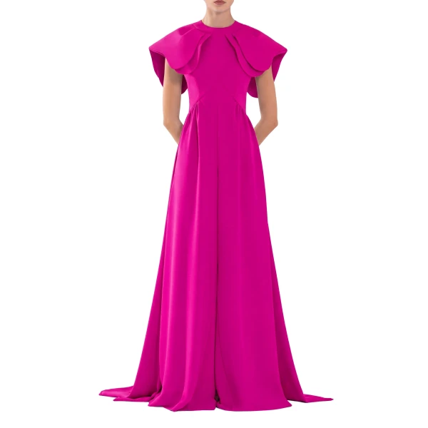 Saiid Kobeisy Crepe Jumpsuit with Back Overskirt in Magenta, view 2