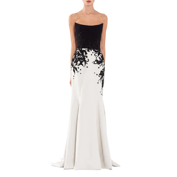 Saiid Kobeisy Crepe Mermaid Dress with Embroidery in Off White, view 2