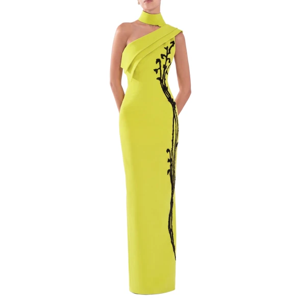 Saiid Kobeisy Crepe Off-Shoulder Dress with Beading in Lime Green and Jet Black, view 2