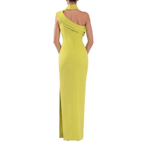 Saiid Kobeisy Crepe Off-Shoulder Dress with Beading in Lime Green and Jet Black, view 3