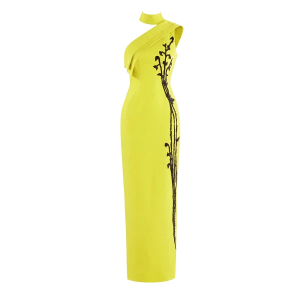 Saiid Kobeisy Crepe Off-Shoulder Dress with Beading in Lime Green and Jet Black