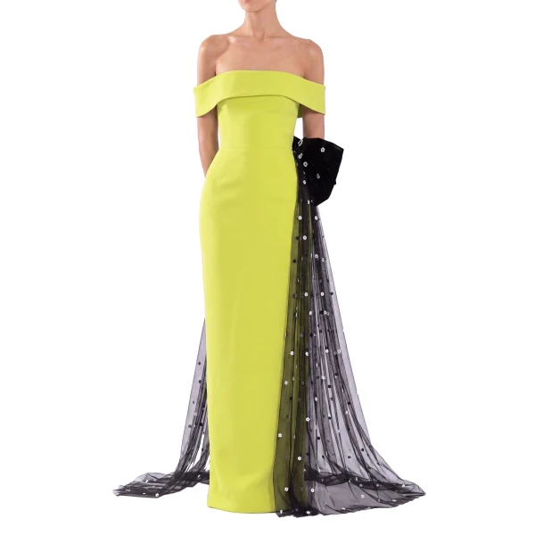 Saiid Kobeisy Crepe Off-Shoulder Dress with a Tulle Bow and Tail on the Back in Lime Green and Off White with Jet Black beading, view 2