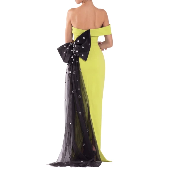 Saiid Kobeisy Crepe Off-Shoulder Dress with a Tulle Bow and Tail on the Back in Lime Green and Off White with Jet Black beading, view 3