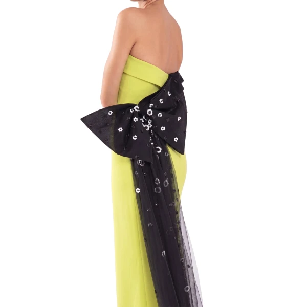 Saiid Kobeisy Crepe Off-Shoulder Dress with a Tulle Bow and Tail on the Back in Lime Green and Off White with Jet Black beading, view 4