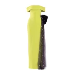 Saiid Kobeisy Crepe Off-Shoulder Dress with a Tulle Bow and Tail on the Back in Lime Green and Off White with Jet Black beading