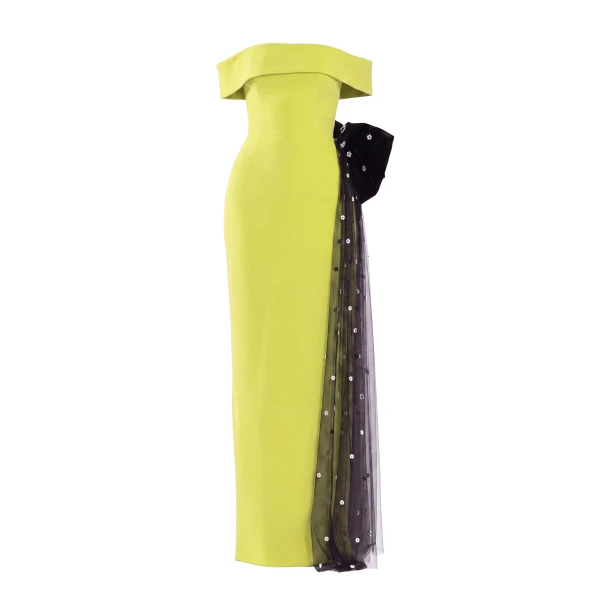 Saiid Kobeisy Crepe Off-Shoulder Dress with a Tulle Bow and Tail on the Back in Lime Green and Off White with Jet Black beading
