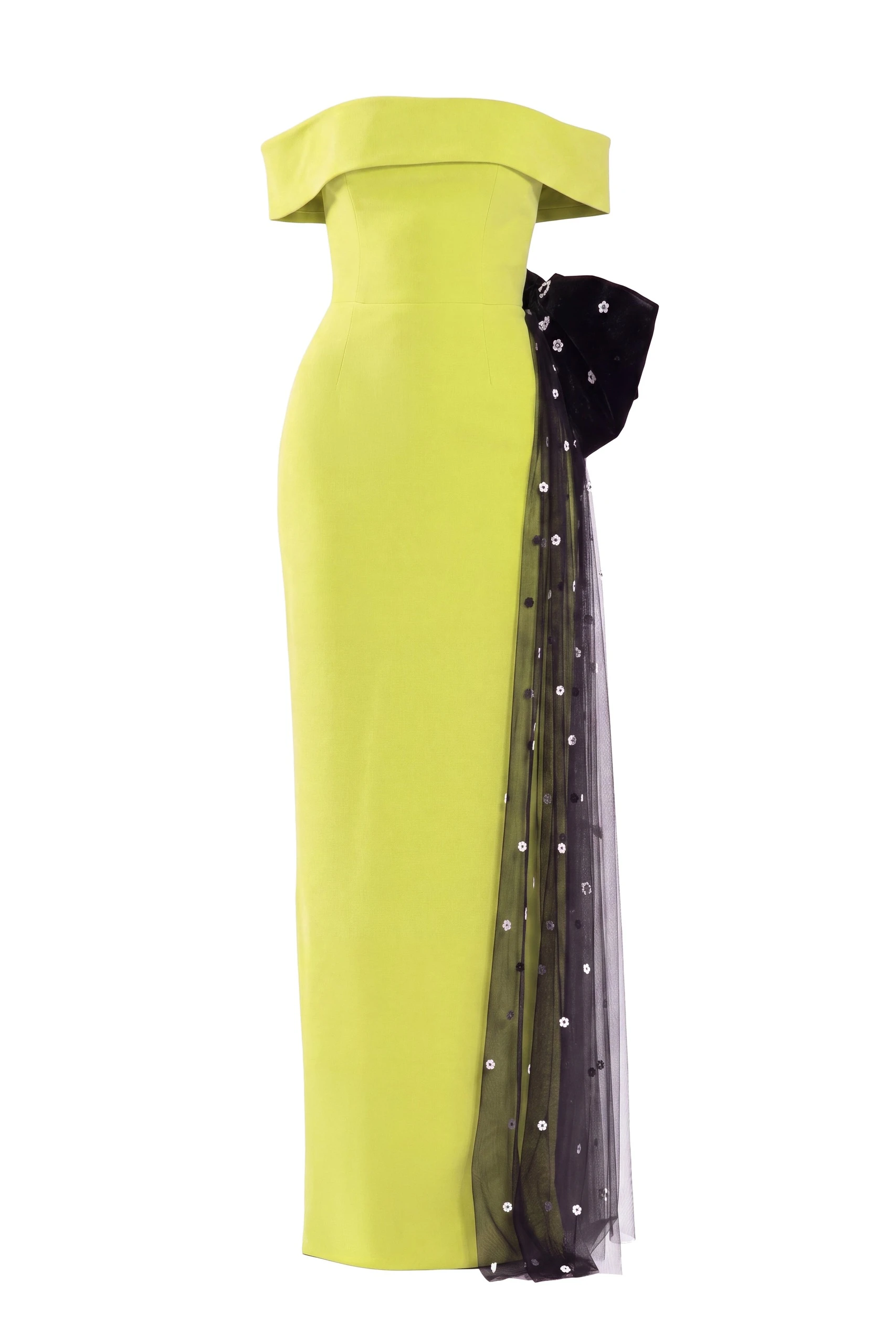 Saiid Kobeisy Crepe Off-Shoulder Dress with a Tulle Bow and Tail on the Back in Lime Green and Off White with Jet Black beading | Dresses | Coveti Saiid Kobeisy Crepe Off-Shoulder Dress with a Tulle Bow and Tail on the Back in Lime Green and Off White with Jet Black beading