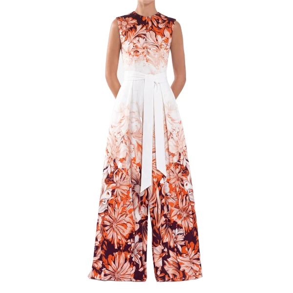 Saiid Kobeisy Crepe Printed Jumpsuit in Vibrant Orange Print, view 2