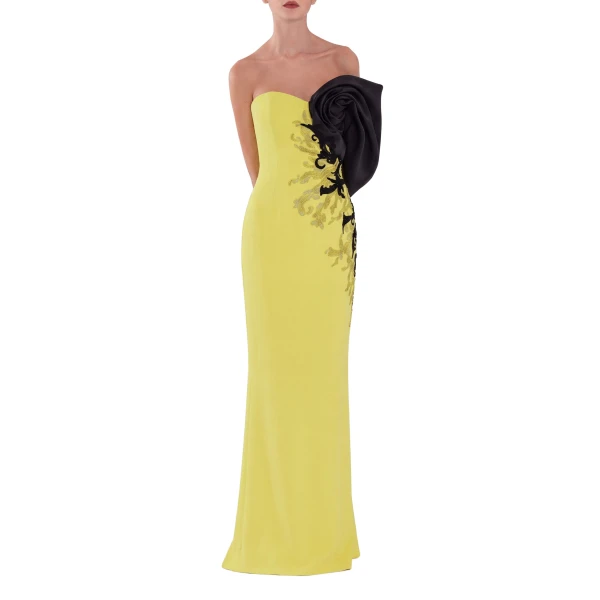 Saiid Kobeisy Crepe Straight Fit Dress with Mikado One Sided Off-Shoulder Sleeve in Lime Green, view 2