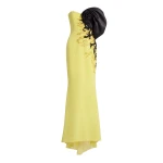 Saiid Kobeisy Crepe Straight Fit Dress with Mikado One Sided Off-Shoulder Sleeve in Lime Green