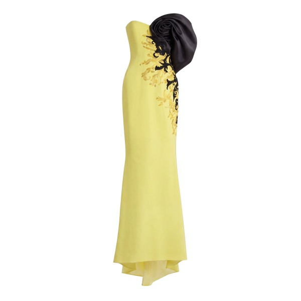 Saiid Kobeisy Crepe Straight Fit Dress with Mikado One Sided Off-Shoulder Sleeve in Lime Green