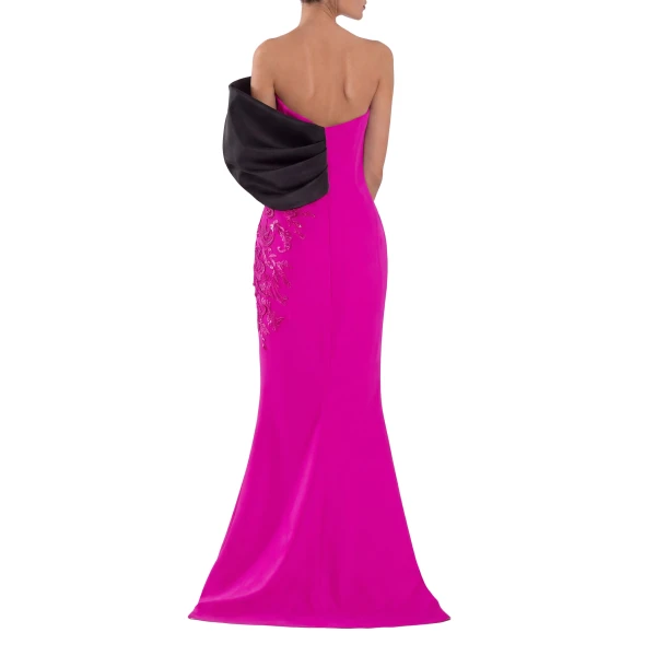 Saiid Kobeisy Crepe Straight Fit Dress with Mikado One Sided Off-Shoulder Sleeve in Magenta, view 3