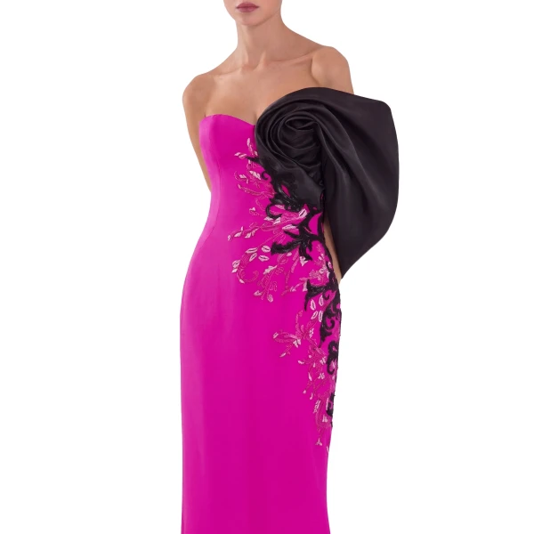 Saiid Kobeisy Crepe Straight Fit Dress with Mikado One Sided Off-Shoulder Sleeve in Magenta, view 4