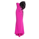 Saiid Kobeisy Crepe Straight Fit Dress with Mikado One Sided Off-Shoulder Sleeve in Magenta