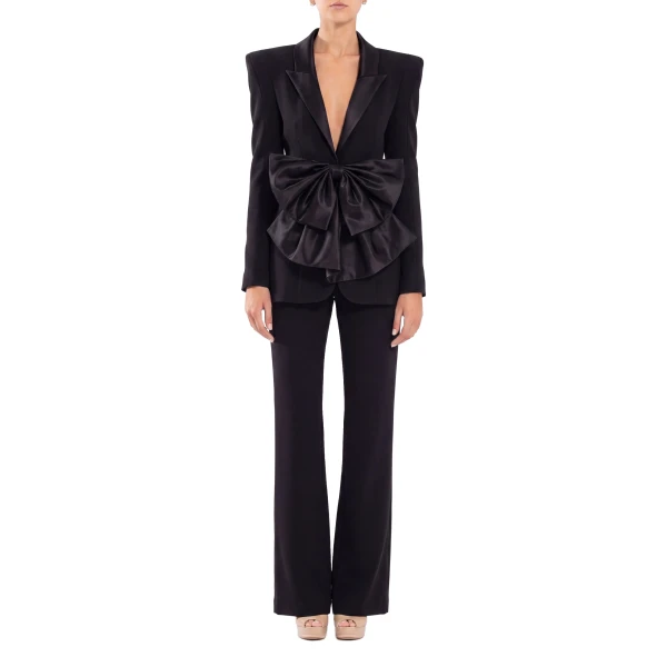 Saiid Kobeisy Crepe Tailored Jacket with Taffeta Collar and Bow in Jet Black, view 2