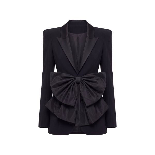 Saiid Kobeisy Crepe Tailored Jacket with Taffeta Collar and Bow in Jet Black