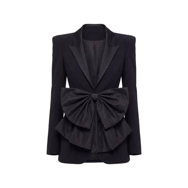 Saiid Kobeisy Crepe Tailored Jacket with Taffeta Collar and Bow in Jet Black