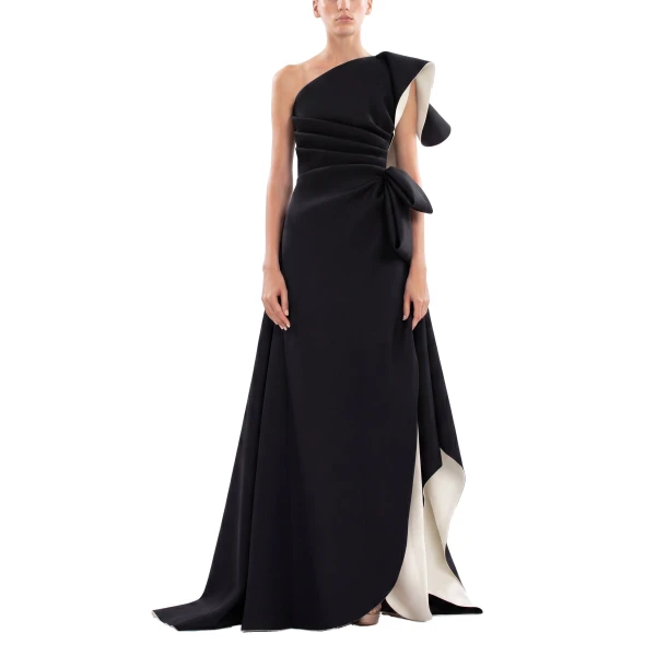 Saiid Kobeisy Double Faced Scuba Long Dress in Jet Black, view 2
